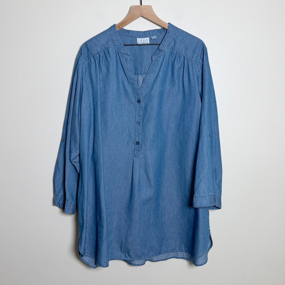 Joan Rivers Womens Cotton Denim Tunic 3X Blue Roll Tab Sleeve Henley V-Neck